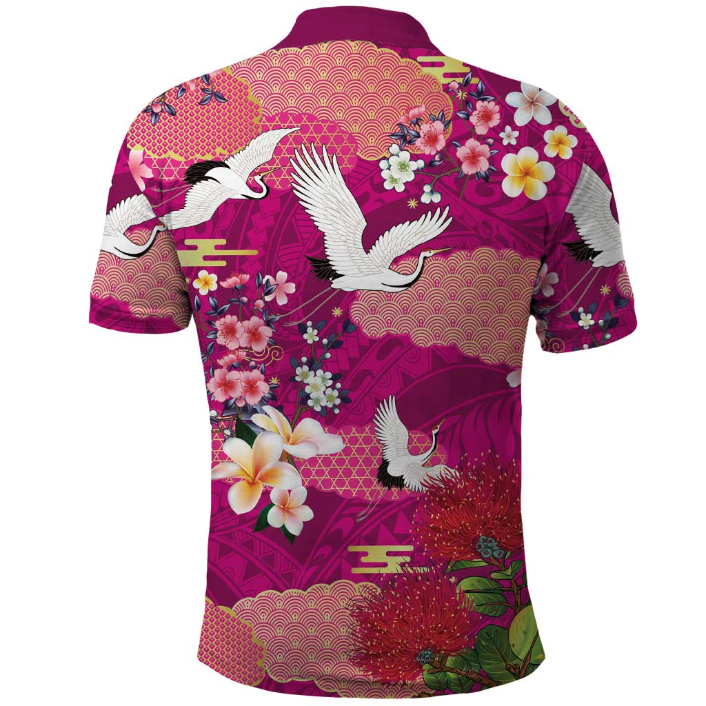 Hawaiian and Japanese Culture Together Polo Shirt Pink Ohia Lehua Plumeria and Sakura Blooming LT03 - Polynesian Pride