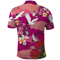 Hawaiian and Japanese Culture Together Polo Shirt Pink Ohia Lehua Plumeria and Sakura Blooming LT03 - Polynesian Pride