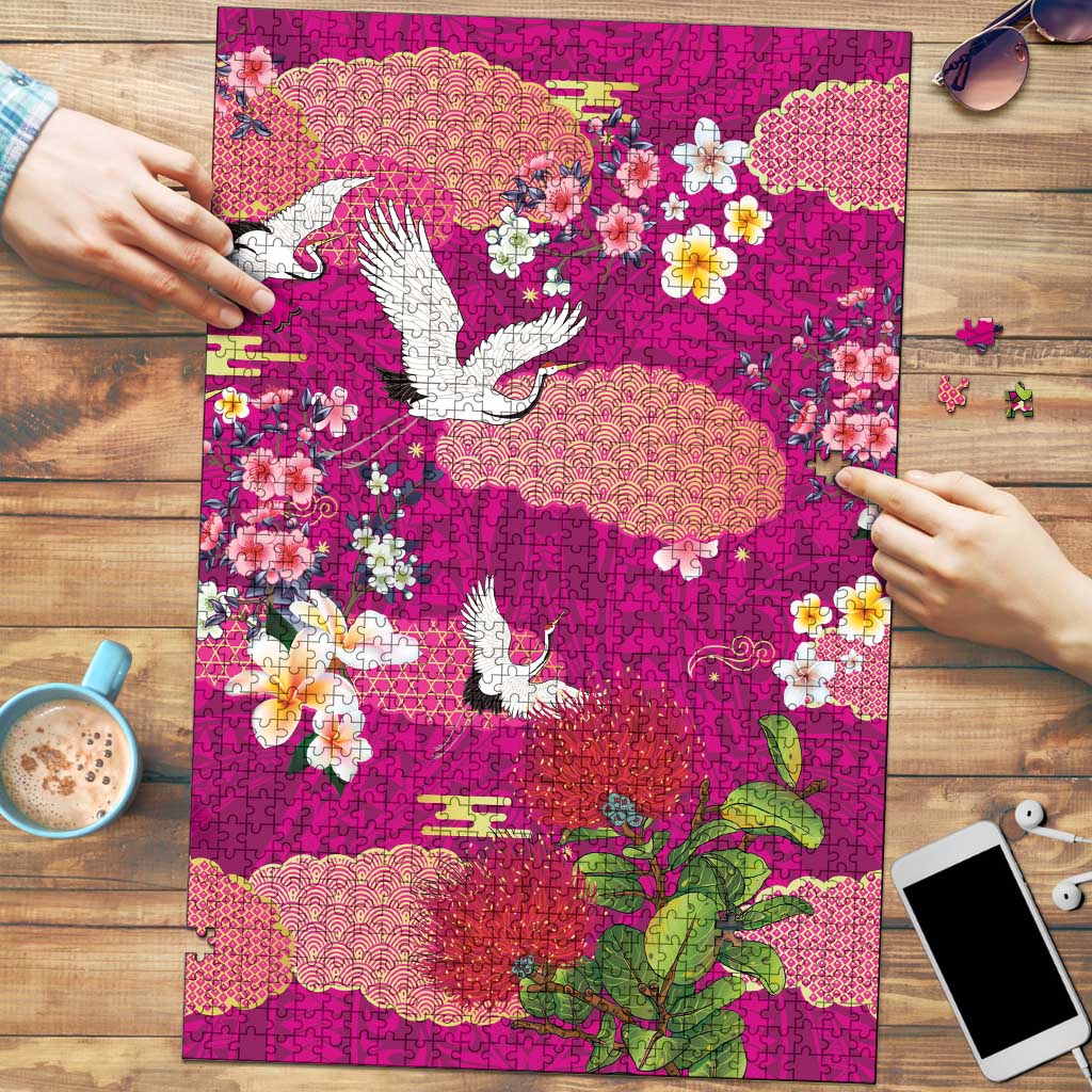 Hawaiian and Japanese Culture Together Puzzle Pink Ohia Lehua Plumeria and Sakura Blooming - Polynesian Pride