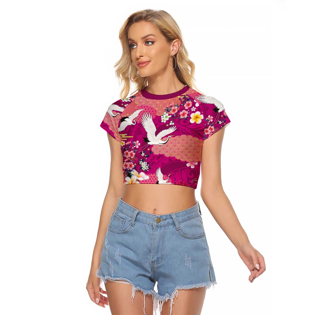 Hawaiian and Japanese Culture Together Raglan Cropped T Shirt Pink Ohia Lehua Plumeria and Sakura Blooming - Polynesian Pride