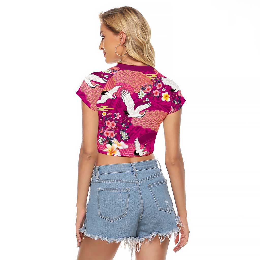 Hawaiian and Japanese Culture Together Raglan Cropped T Shirt Pink Ohia Lehua Plumeria and Sakura Blooming - Polynesian Pride
