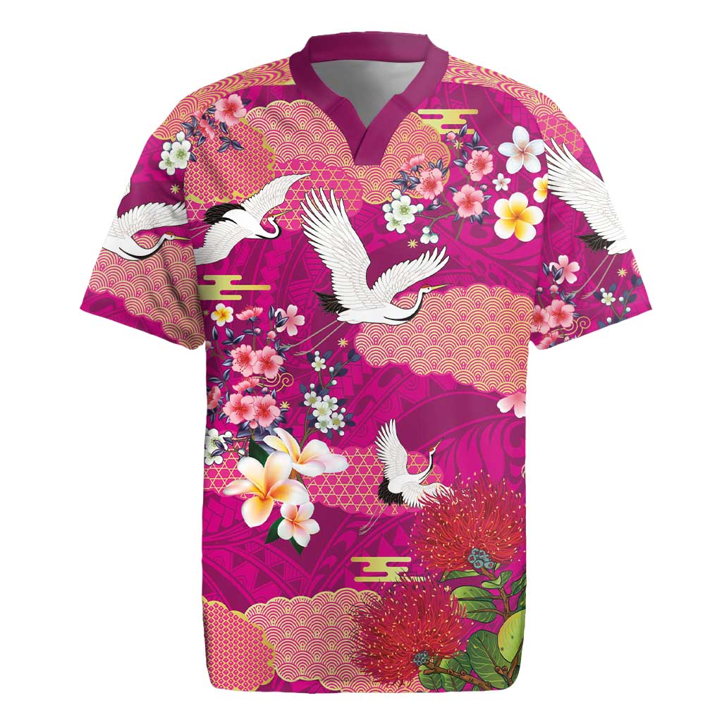 Hawaiian and Japanese Culture Together Rugby Jersey Pink Ohia Lehua Plumeria and Sakura Blooming - Polynesian Pride