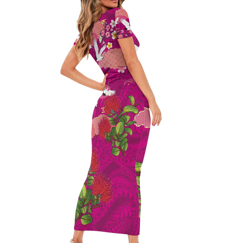 Hawaiian and Japanese Culture Together Short Sleeve Bodycon Dress Pink Ohia Lehua Plumeria and Sakura Blooming - Polynesian Pride