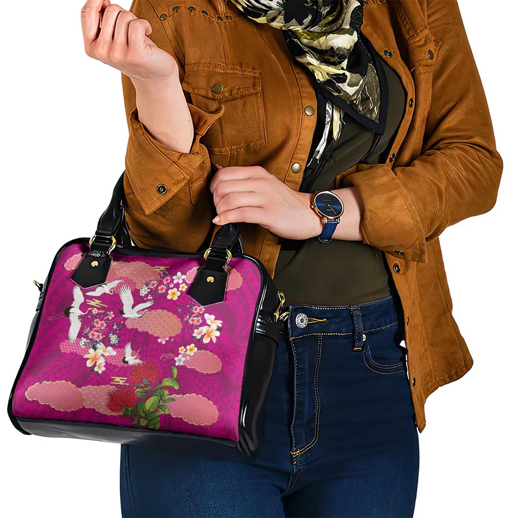 Hawaiian and Japanese Culture Together Shoulder Handbag Pink Ohia Lehua Plumeria and Sakura Blooming - Polynesian Pride