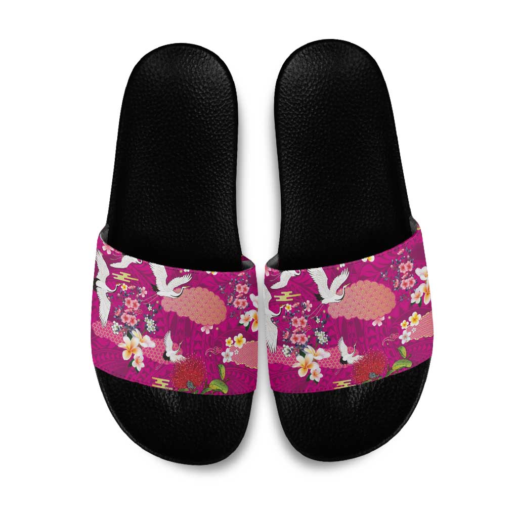 Hawaiian and Japanese Culture Together Slide Sandals Pink Ohia Lehua Plumeria and Sakura Blooming LT03 Pink - Polynesian Pride
