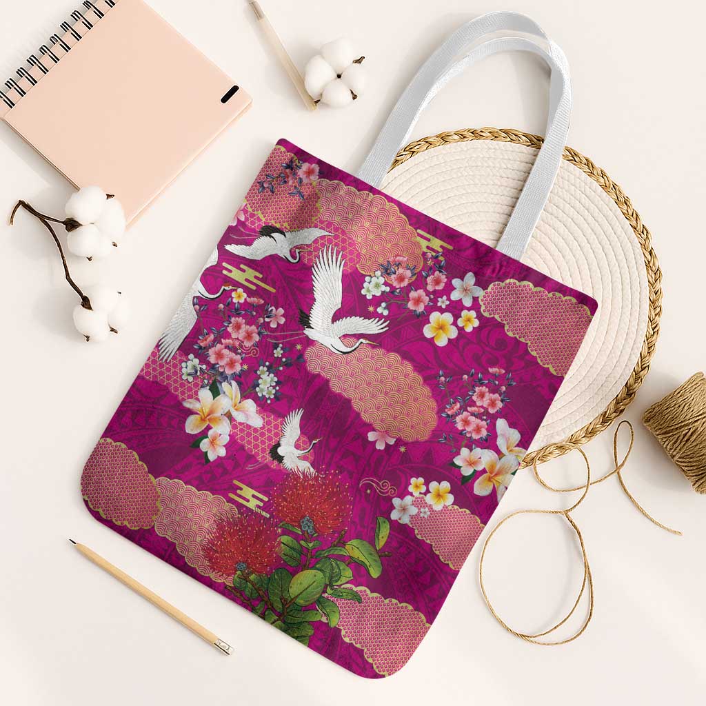 Hawaiian and Japanese Culture Together Tote Bag Pink Ohia Lehua Plumeria and Sakura Blooming - Polynesian Pride
