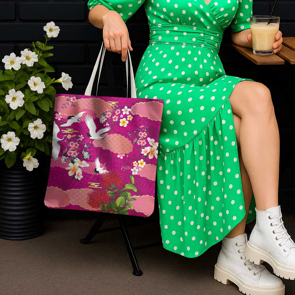 Hawaiian and Japanese Culture Together Tote Bag Pink Ohia Lehua Plumeria and Sakura Blooming - Polynesian Pride