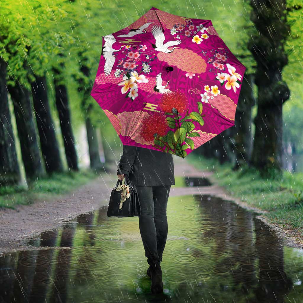 Hawaiian and Japanese Culture Together Umbrella Pink Ohia Lehua Plumeria and Sakura Blooming - Polynesian Pride