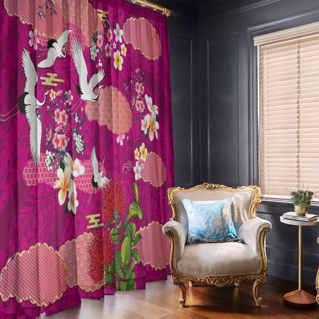 Hawaiian and Japanese Culture Together Window Curtain Pink Ohia Lehua Plumeria and Sakura Blooming - Polynesian Pride