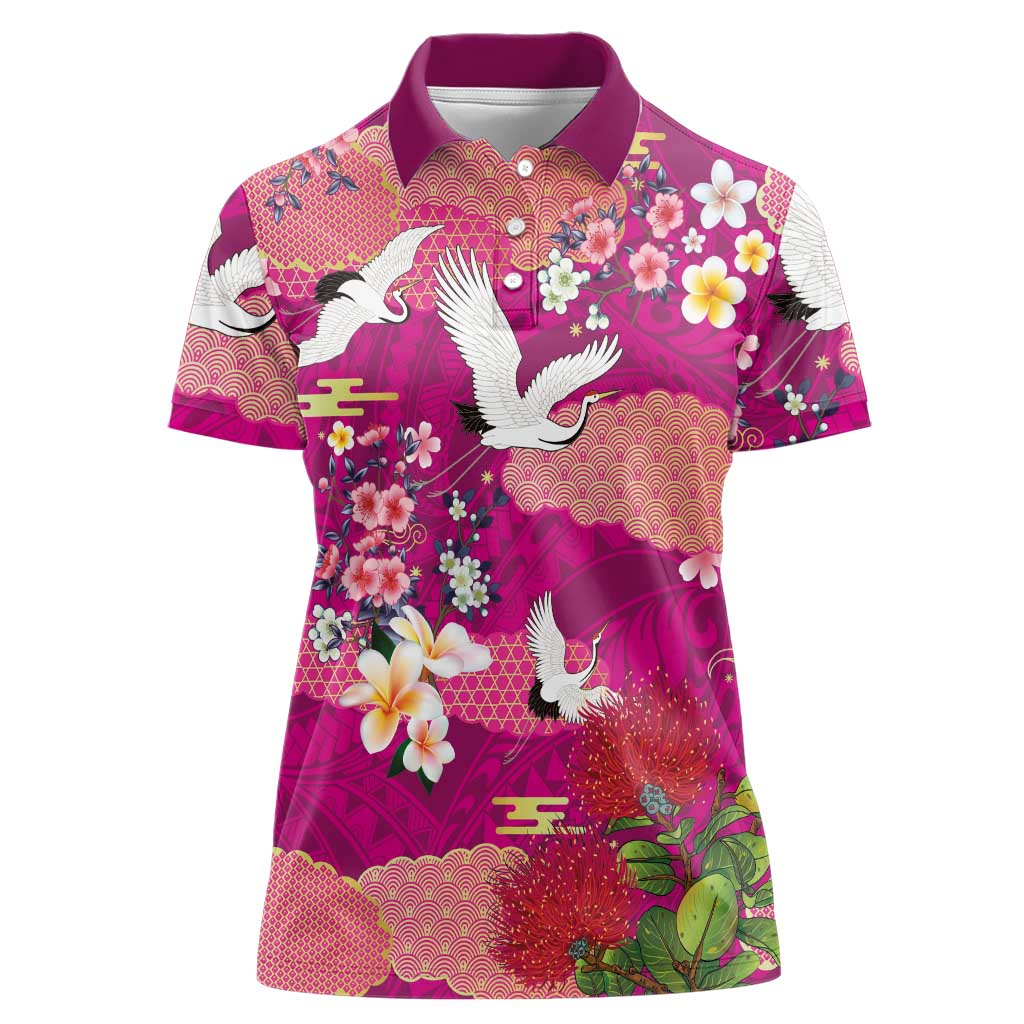 Hawaiian and Japanese Culture Together Women Polo Shirt Pink Ohia Lehua Plumeria and Sakura Blooming - Polynesian Pride