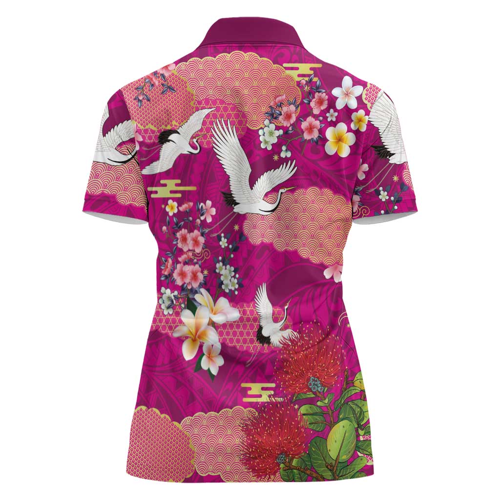 Hawaiian and Japanese Culture Together Women Polo Shirt Pink Ohia Lehua Plumeria and Sakura Blooming - Polynesian Pride