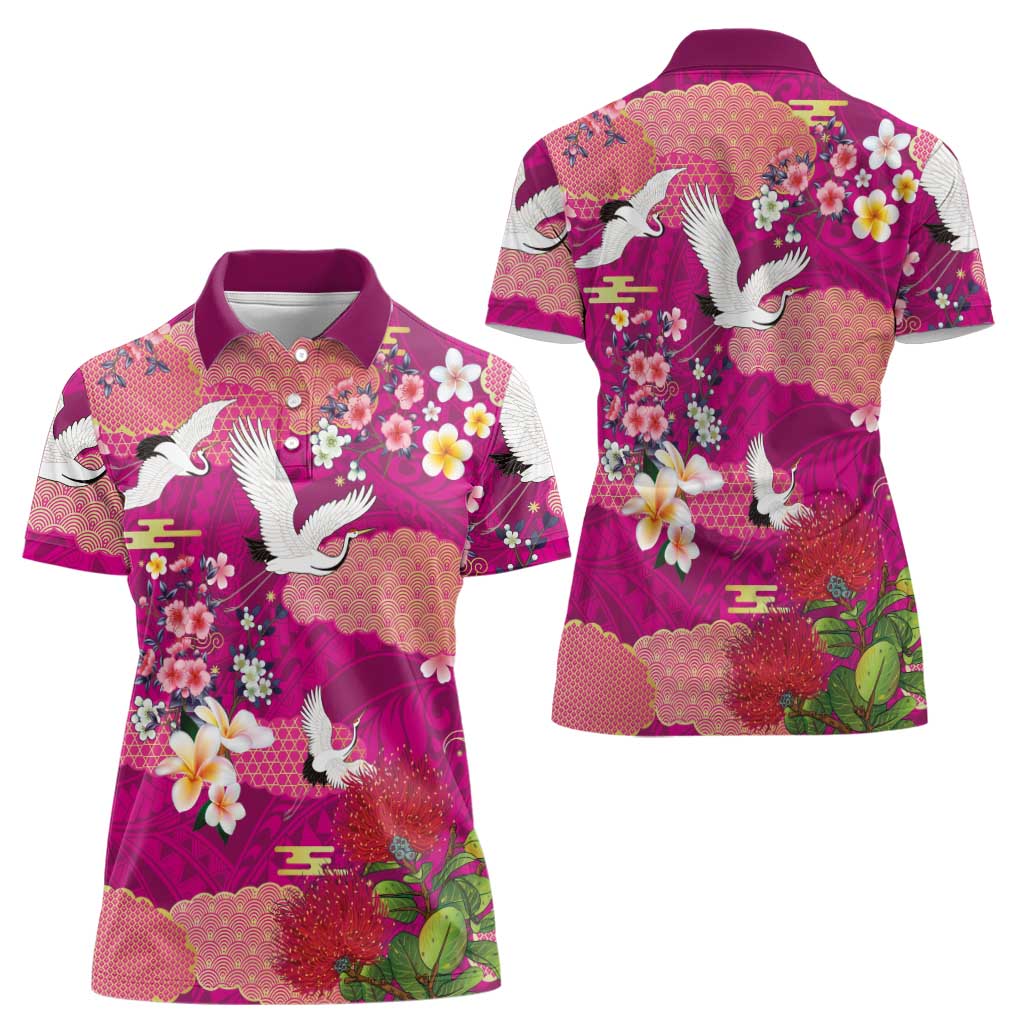 Hawaiian and Japanese Culture Together Women Polo Shirt Pink Ohia Lehua Plumeria and Sakura Blooming - Polynesian Pride