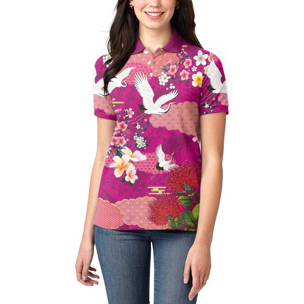 Hawaiian and Japanese Culture Together Women Polo Shirt Pink Ohia Lehua Plumeria and Sakura Blooming - Polynesian Pride