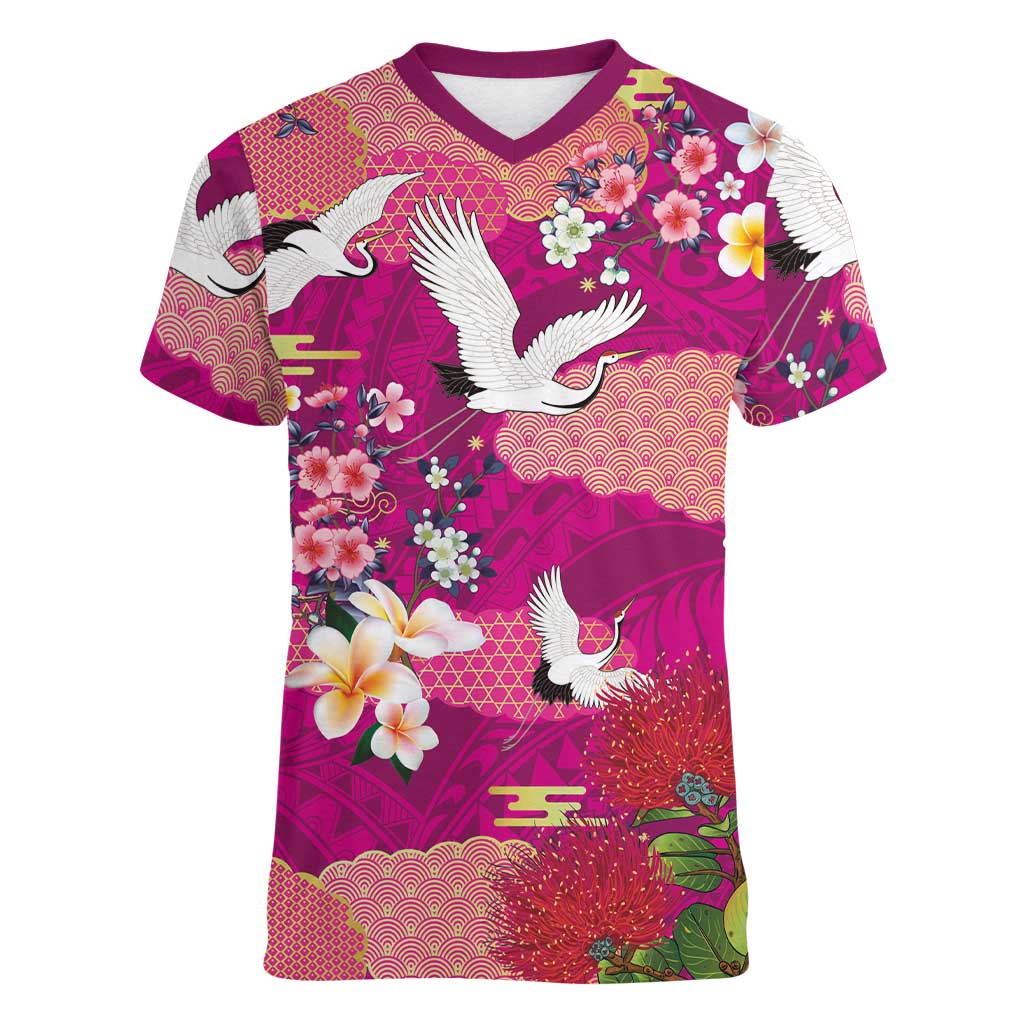 Hawaiian and Japanese Culture Together Women V-Neck T-Shirt Pink Ohia Lehua Plumeria and Sakura Blooming LT03 Female Pink - Polynesian Pride