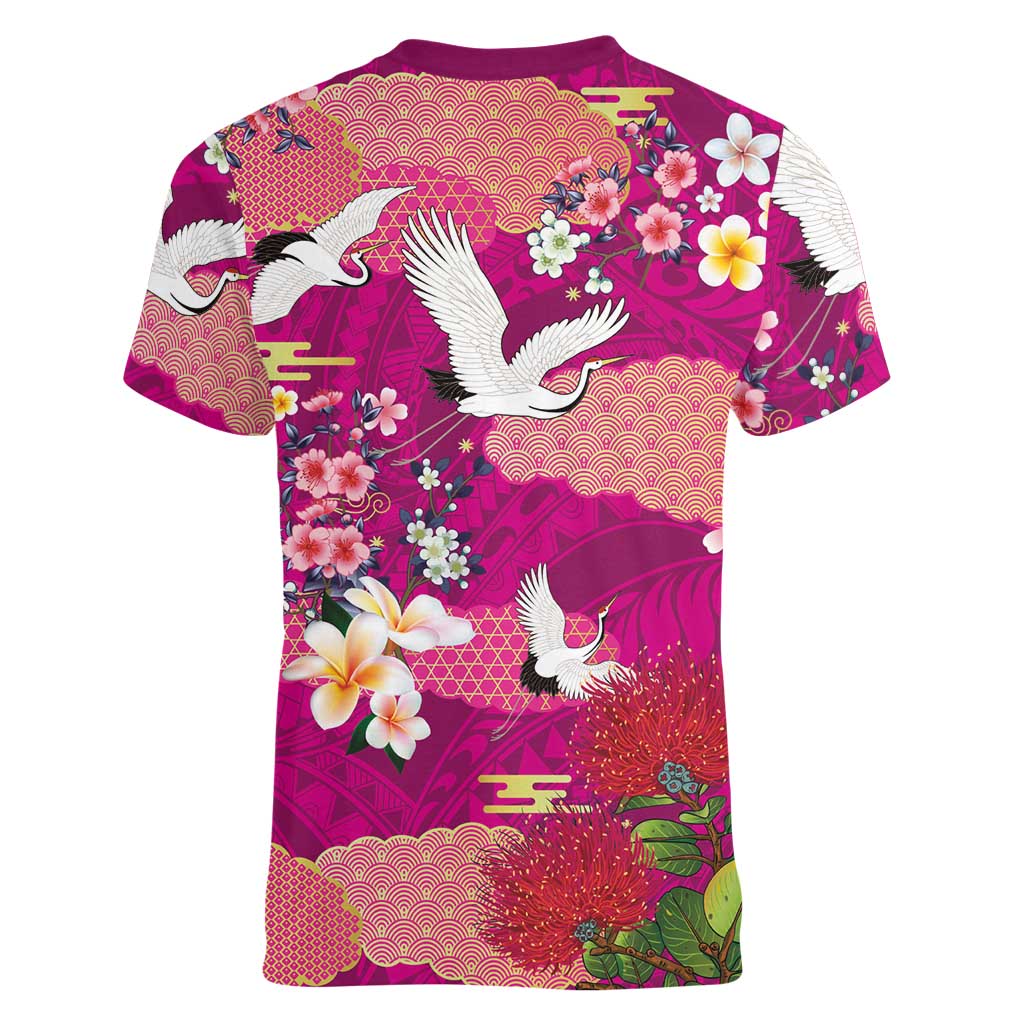 Hawaiian and Japanese Culture Together Women V-Neck T-Shirt Pink Ohia Lehua Plumeria and Sakura Blooming LT03 - Polynesian Pride