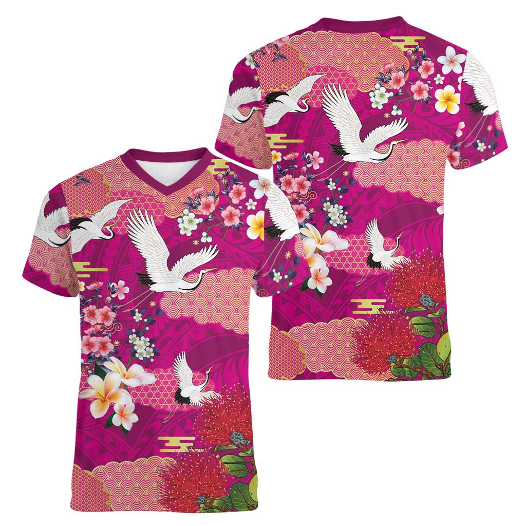 Hawaiian and Japanese Culture Together Women V-Neck T-Shirt Pink Ohia Lehua Plumeria and Sakura Blooming LT03 - Polynesian Pride