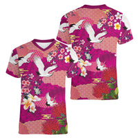 Hawaiian and Japanese Culture Together Women V-Neck T-Shirt Pink Ohia Lehua Plumeria and Sakura Blooming LT03 - Polynesian Pride