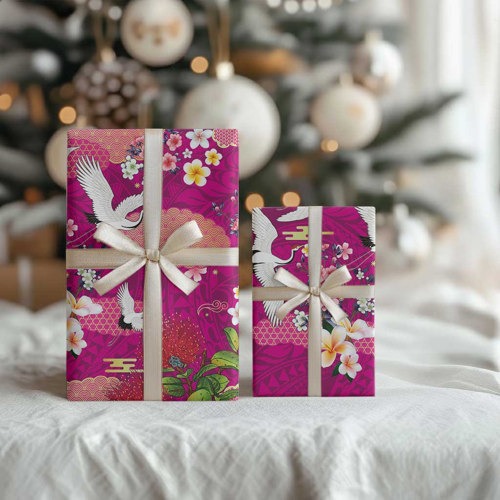 Hawaiian and Japanese Culture Together Wrapping Paper Pink Ohia Lehua Plumeria and Sakura Blooming - Polynesian Pride