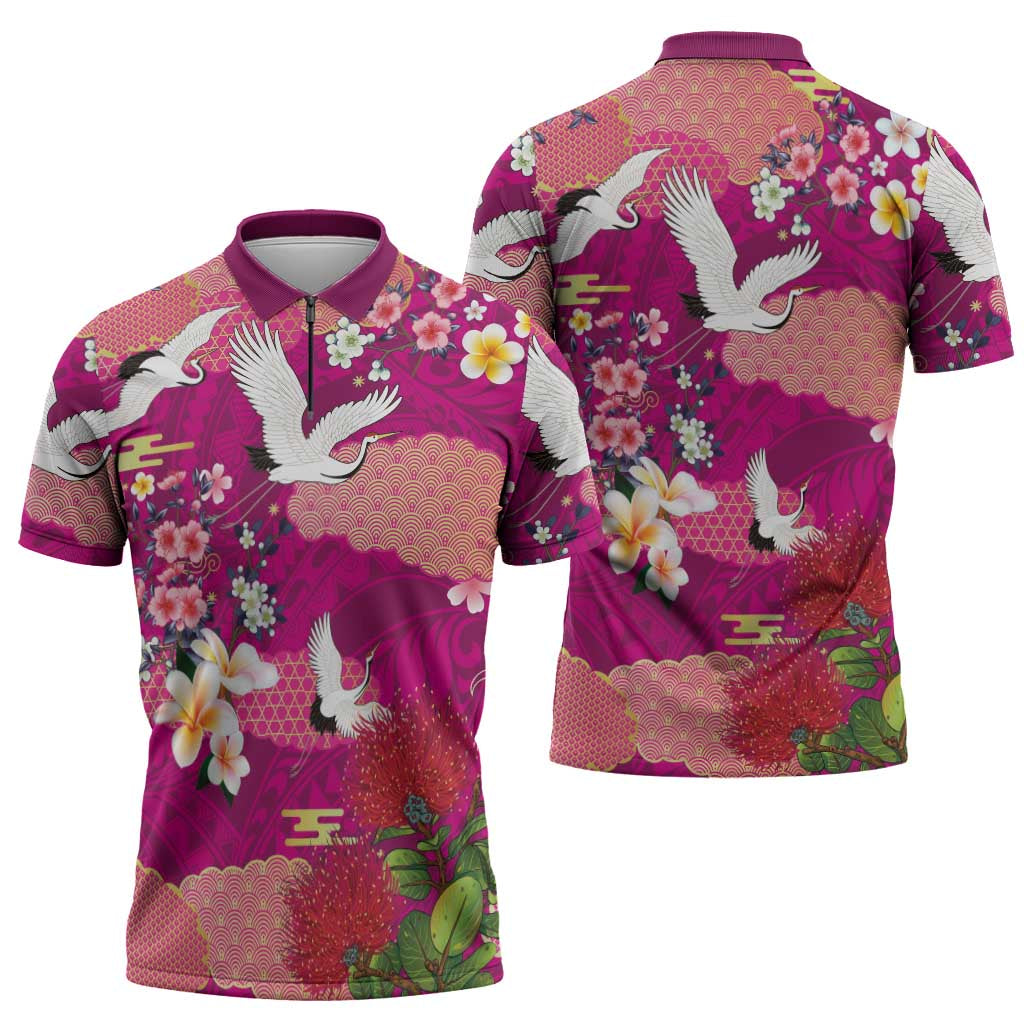 Hawaiian and Japanese Culture Together Zipper Polo Shirt Pink Ohia Lehua Plumeria and Sakura Blooming - Polynesian Pride