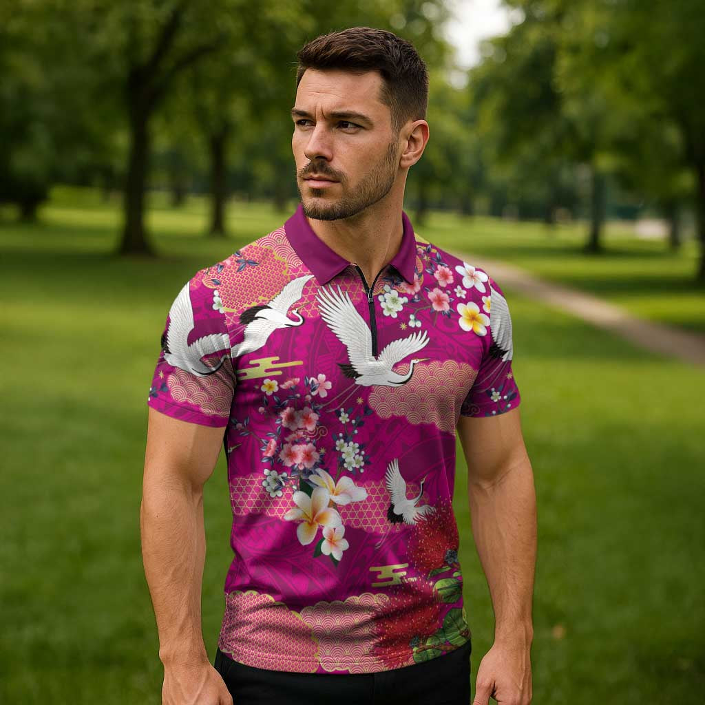 Hawaiian and Japanese Culture Together Zipper Polo Shirt Pink Ohia Lehua Plumeria and Sakura Blooming - Polynesian Pride