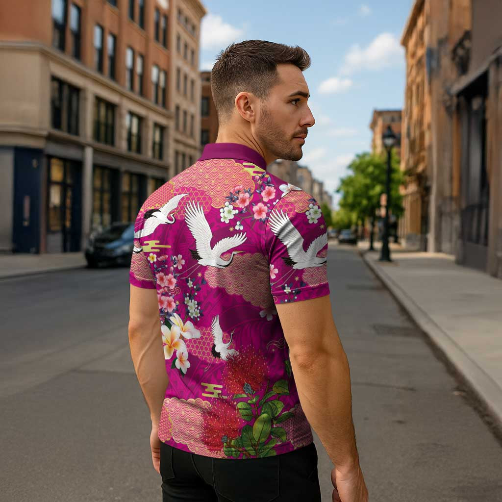 Hawaiian and Japanese Culture Together Zipper Polo Shirt Pink Ohia Lehua Plumeria and Sakura Blooming - Polynesian Pride