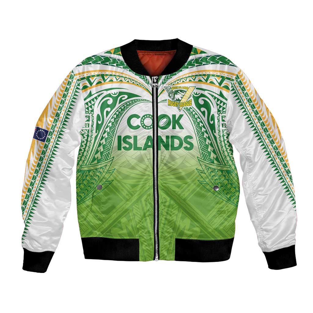 Custom Cook Islands Rugby League Bomber Jacket Tatau Tribal Motifs-Light Green Color LT03 Unisex Green - Polynesian Pride