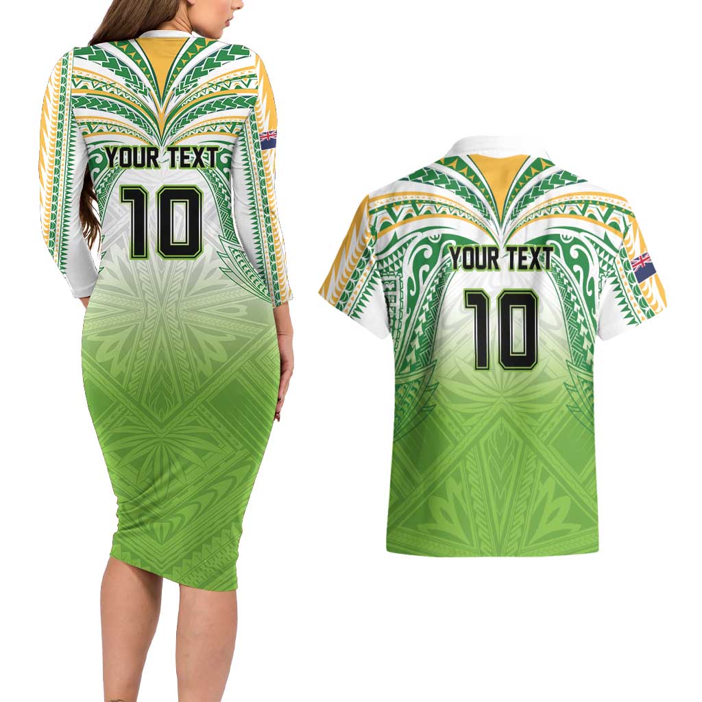 Custom Cook Islands Rugby League Couples Matching Long Sleeve Bodycon Dress and Hawaiian Shirt Tatau Tribal Motifs-Light Green Color - Polynesian Pride
