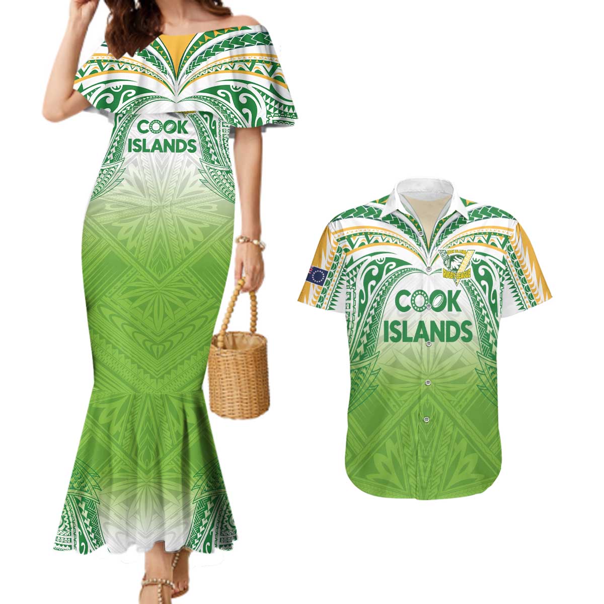 Custom Cook Islands Rugby League Couples Matching Mermaid Dress and Hawaiian Shirt Tatau Tribal Motifs-Light Green Color - Polynesian Pride