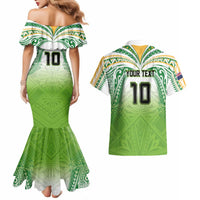 Custom Cook Islands Rugby League Couples Matching Mermaid Dress and Hawaiian Shirt Tatau Tribal Motifs-Light Green Color - Polynesian Pride