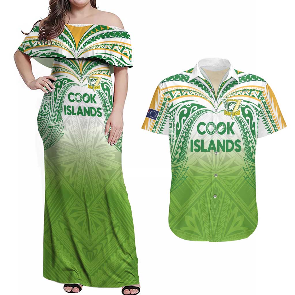 Custom Cook Islands Rugby League Couples Matching Off Shoulder Maxi Dress and Hawaiian Shirt Tatau Tribal Motifs-Light Green Color - Polynesian Pride