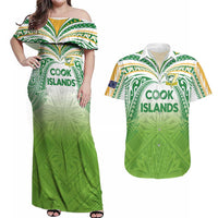 Custom Cook Islands Rugby League Couples Matching Off Shoulder Maxi Dress and Hawaiian Shirt Tatau Tribal Motifs-Light Green Color - Polynesian Pride