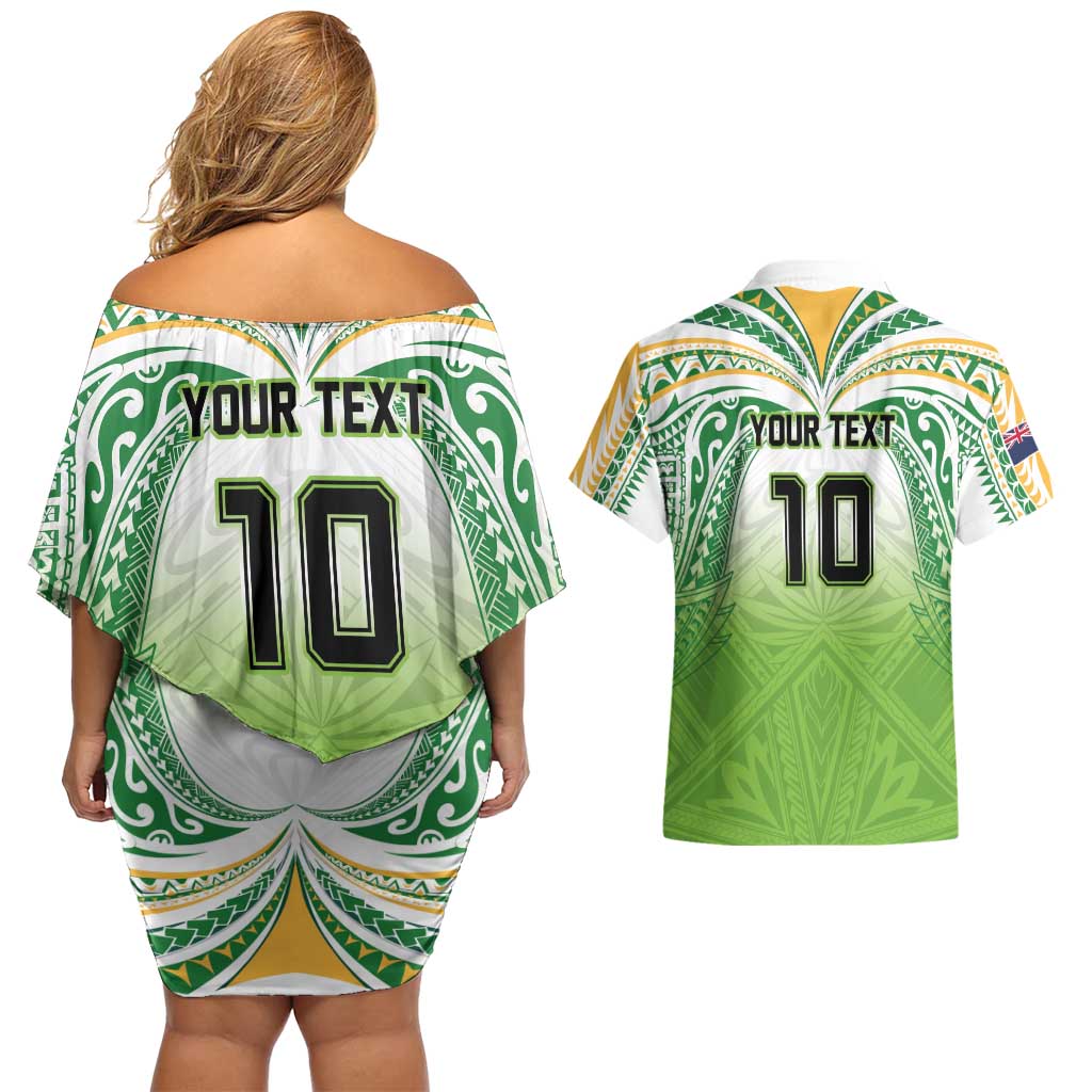 Custom Cook Islands Rugby League Couples Matching Off Shoulder Short Dress and Hawaiian Shirt Tatau Tribal Motifs-Light Green Color - Polynesian Pride