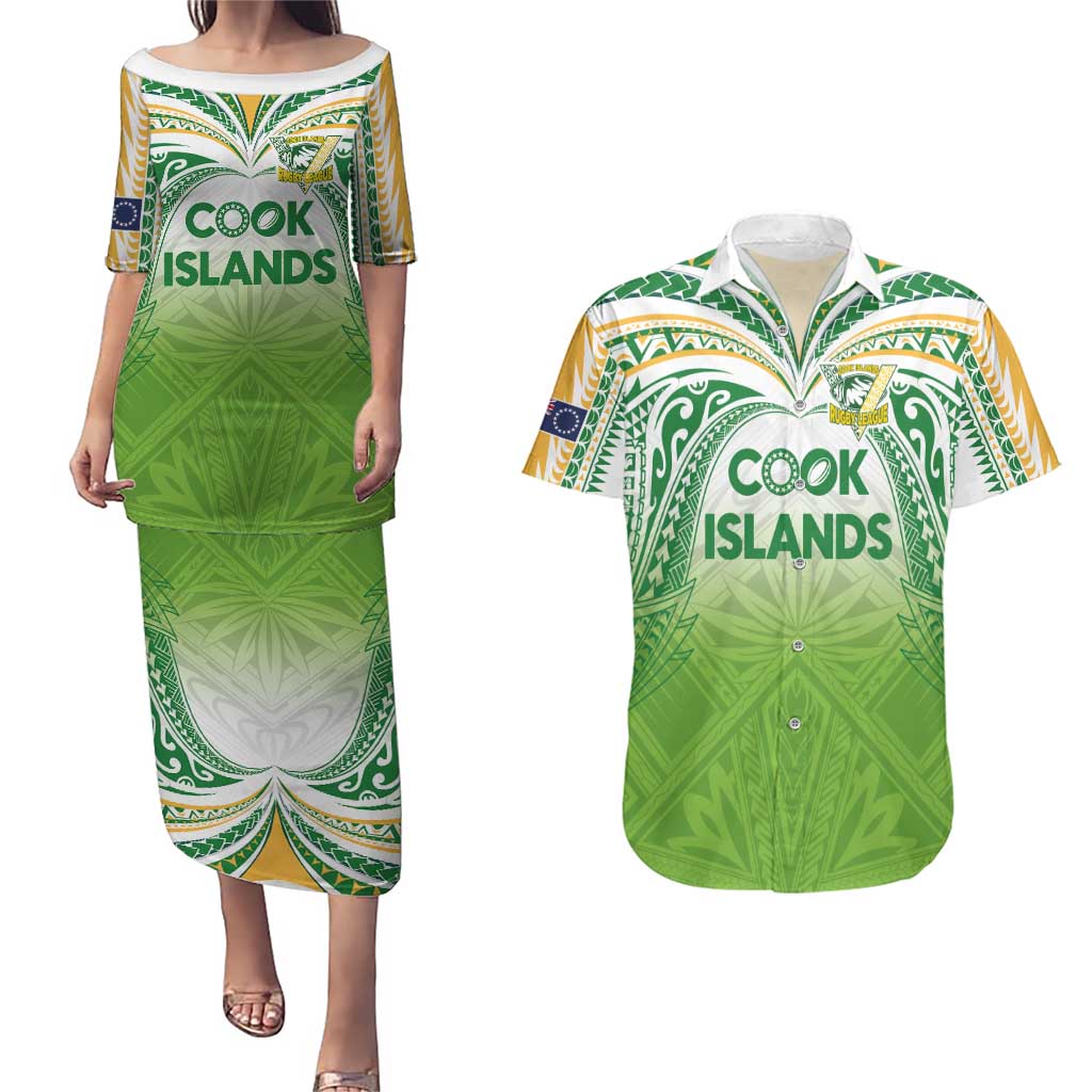 Custom Cook Islands Rugby League Couples Matching Puletasi and Hawaiian Shirt Tatau Tribal Motifs-Light Green Color - Polynesian Pride