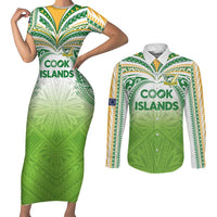 Custom Cook Islands Rugby League Couples Matching Short Sleeve Bodycon Dress and Long Sleeve Button Shirt Tatau Tribal Motifs-Light Green Color - Polynesian Pride