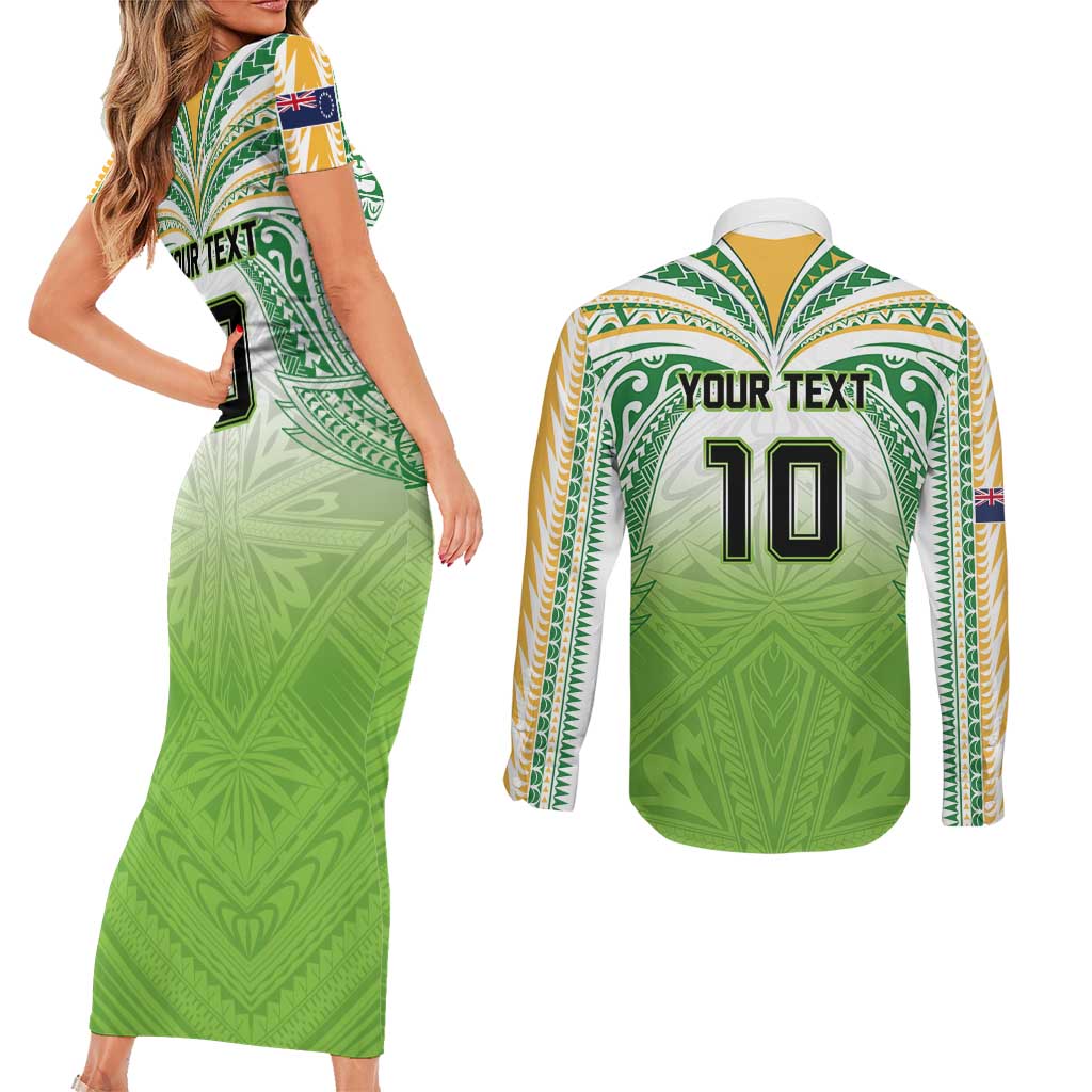 Custom Cook Islands Rugby League Couples Matching Short Sleeve Bodycon Dress and Long Sleeve Button Shirt Tatau Tribal Motifs-Light Green Color - Polynesian Pride