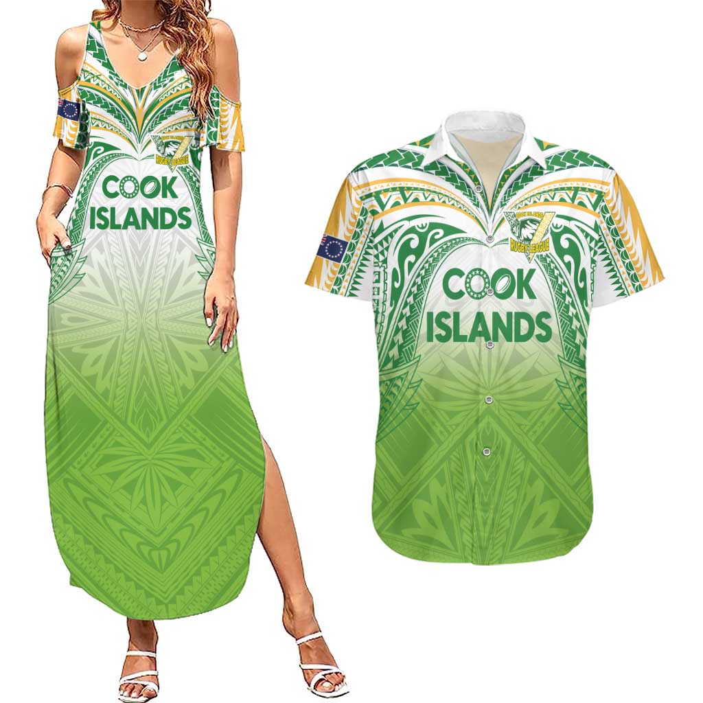 Custom Cook Islands Rugby League Couples Matching Summer Maxi Dress and Hawaiian Shirt Tatau Tribal Motifs-Light Green Color - Polynesian Pride