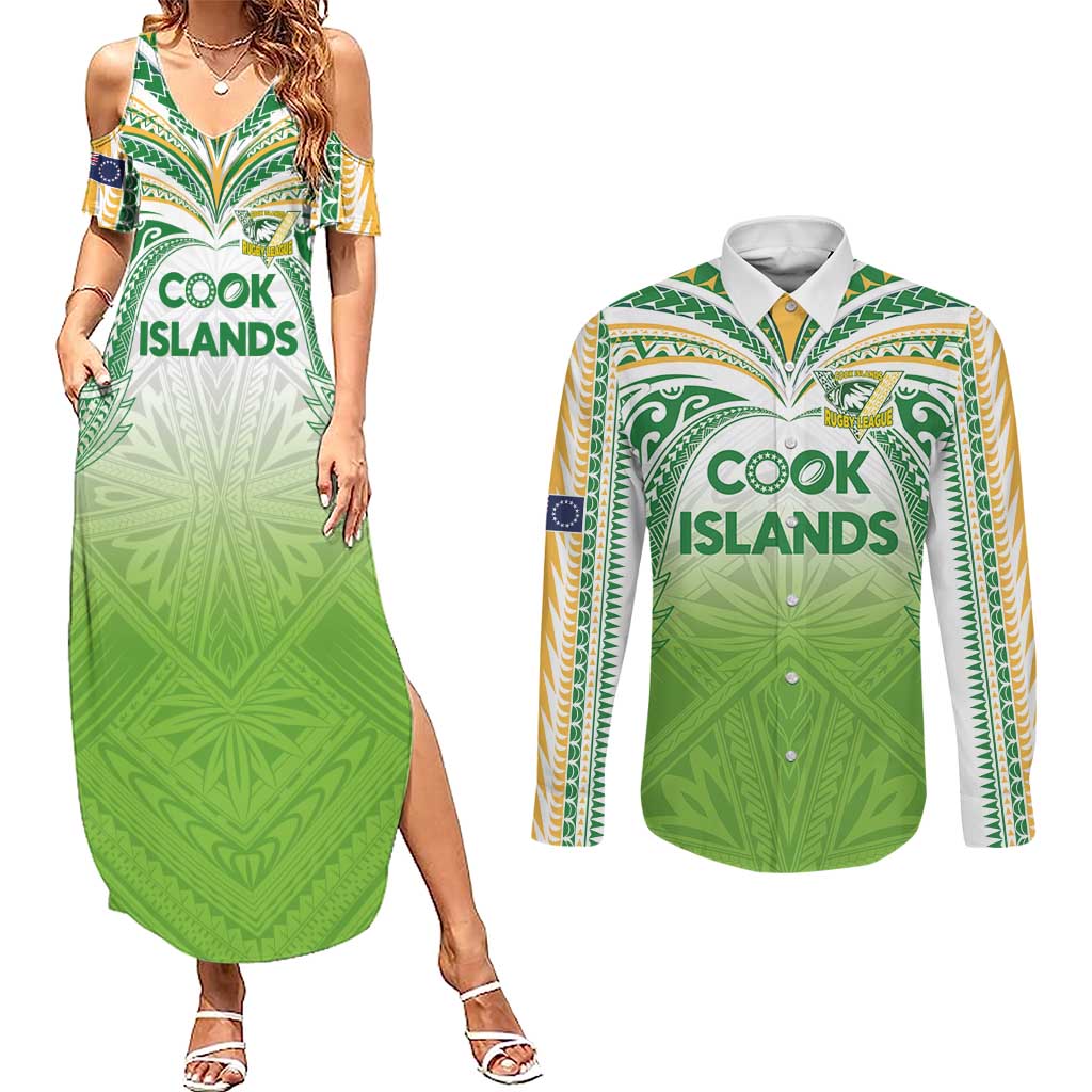 Custom Cook Islands Rugby League Couples Matching Summer Maxi Dress and Long Sleeve Button Shirt Tatau Tribal Motifs-Light Green Color - Polynesian Pride