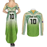 Custom Cook Islands Rugby League Couples Matching Summer Maxi Dress and Long Sleeve Button Shirt Tatau Tribal Motifs-Light Green Color - Polynesian Pride