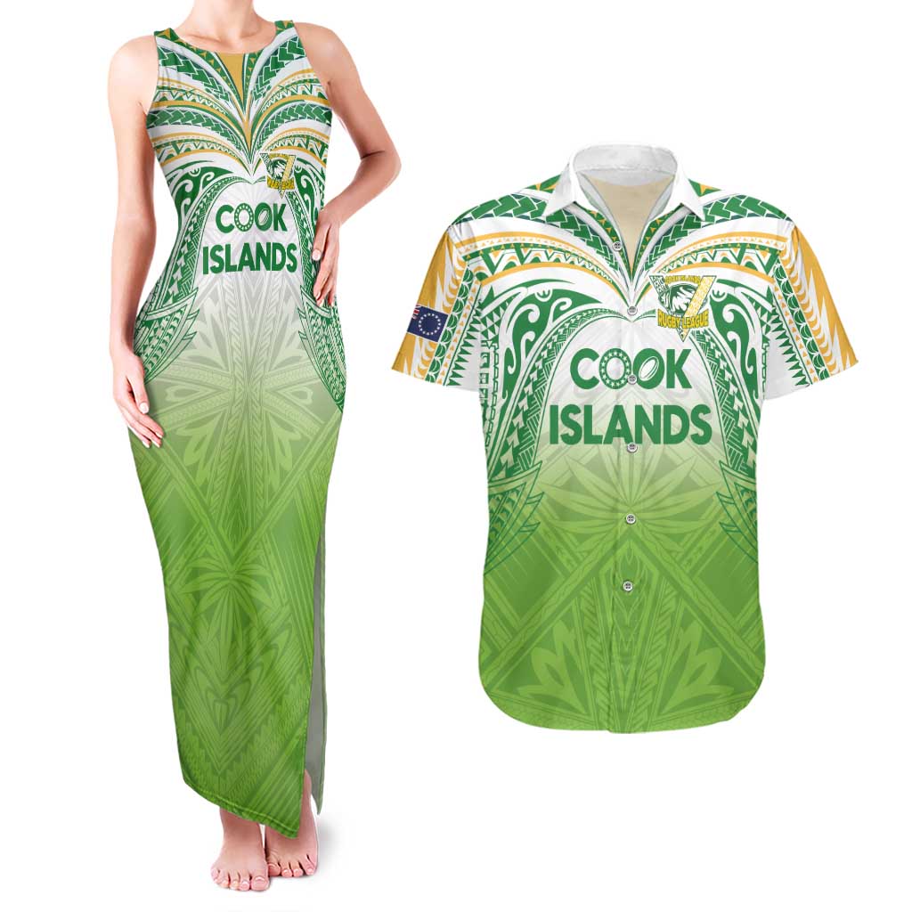 Custom Cook Islands Rugby League Couples Matching Tank Maxi Dress and Hawaiian Shirt Tatau Tribal Motifs-Light Green Color - Polynesian Pride