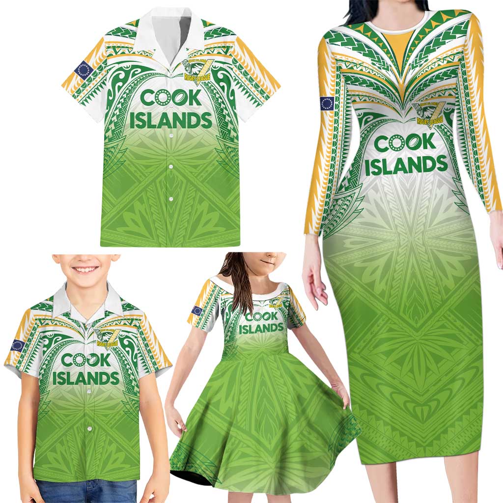 Custom Cook Islands Rugby League Family Matching Long Sleeve Bodycon Dress and Hawaiian Shirt Tatau Tribal Motifs-Light Green Color LT03 - Polynesian Pride