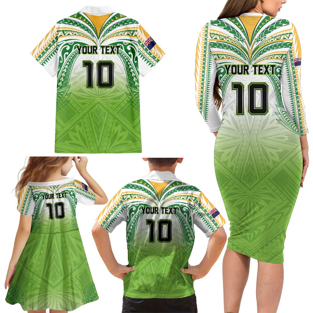 Custom Cook Islands Rugby League Family Matching Long Sleeve Bodycon Dress and Hawaiian Shirt Tatau Tribal Motifs-Light Green Color LT03 - Polynesian Pride