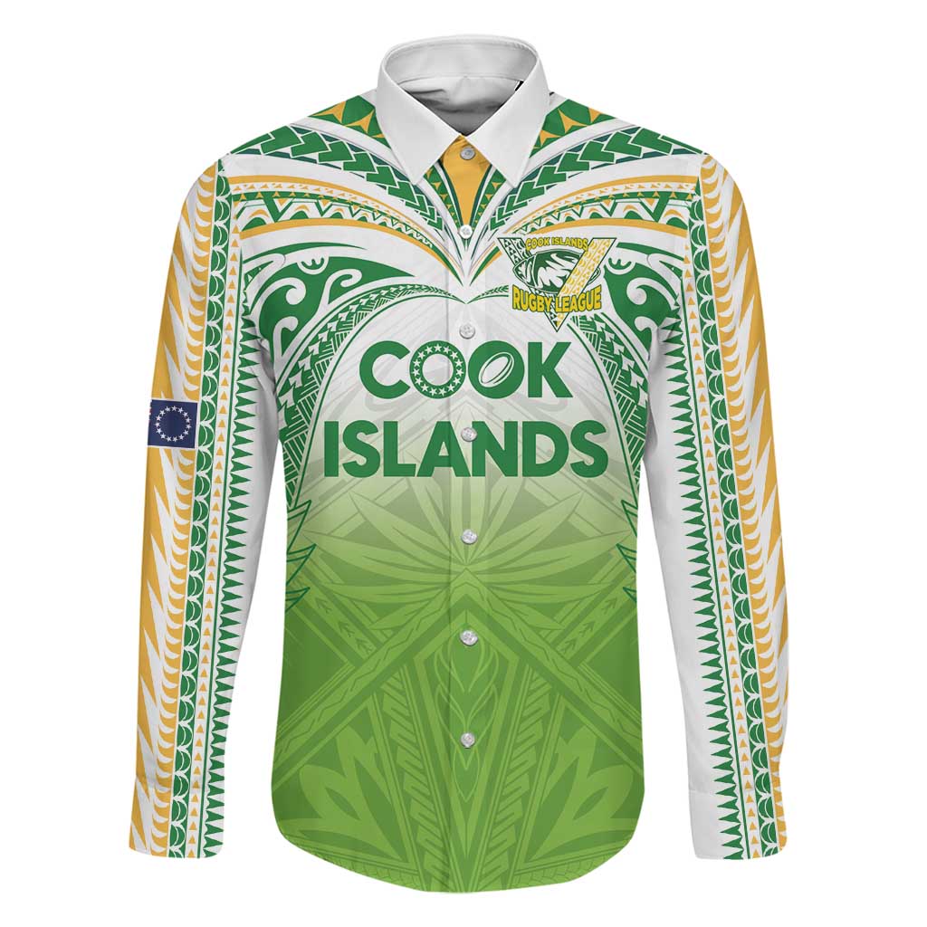 Custom Cook Islands Rugby League Family Matching Long Sleeve Bodycon Dress and Hawaiian Shirt Tatau Tribal Motifs-Light Green Color LT03 Dad's Shirt - Long Sleeve Green - Polynesian Pride