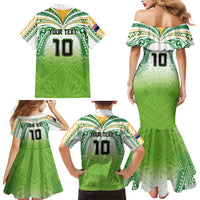 Custom Cook Islands Rugby League Family Matching Mermaid Dress and Hawaiian Shirt Tatau Tribal Motifs-Light Green Color - Polynesian Pride