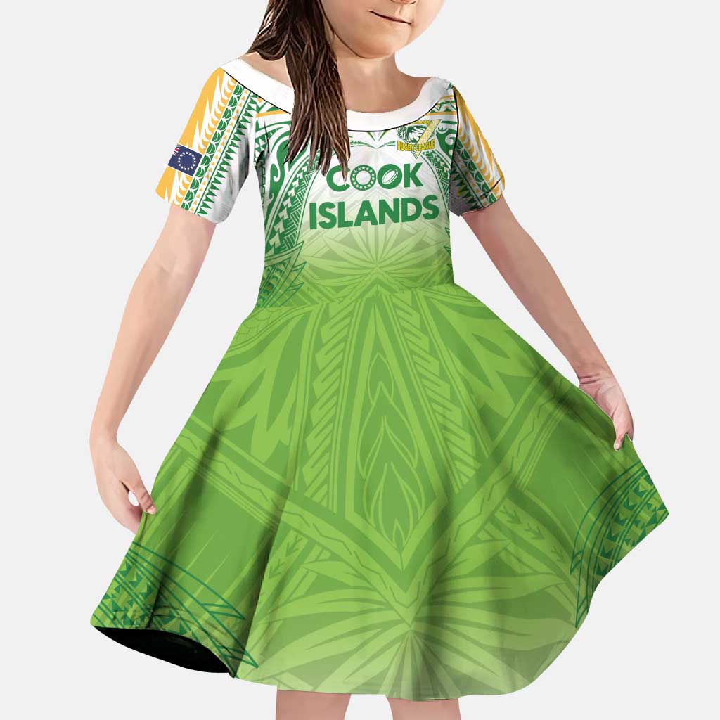 Custom Cook Islands Rugby League Family Matching Off The Shoulder Long Sleeve Dress and Hawaiian Shirt Tatau Tribal Motifs-Light Green Color LT03 Daughter's Dress Green - Polynesian Pride