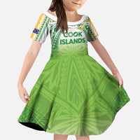Custom Cook Islands Rugby League Family Matching Off The Shoulder Long Sleeve Dress and Hawaiian Shirt Tatau Tribal Motifs-Light Green Color LT03 Daughter's Dress Green - Polynesian Pride
