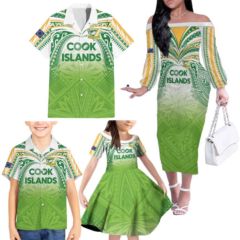 Custom Cook Islands Rugby League Family Matching Off The Shoulder Long Sleeve Dress and Hawaiian Shirt Tatau Tribal Motifs-Light Green Color LT03 - Polynesian Pride