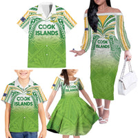 Custom Cook Islands Rugby League Family Matching Off The Shoulder Long Sleeve Dress and Hawaiian Shirt Tatau Tribal Motifs-Light Green Color LT03 - Polynesian Pride