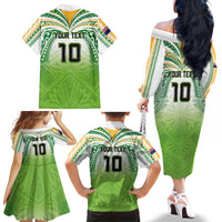 Custom Cook Islands Rugby League Family Matching Off The Shoulder Long Sleeve Dress and Hawaiian Shirt Tatau Tribal Motifs-Light Green Color LT03 - Polynesian Pride
