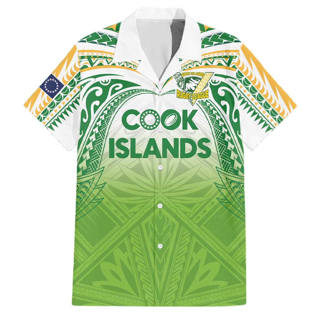 Custom Cook Islands Rugby League Family Matching Off The Shoulder Long Sleeve Dress and Hawaiian Shirt Tatau Tribal Motifs-Light Green Color LT03 Dad's Shirt - Short Sleeve Green - Polynesian Pride