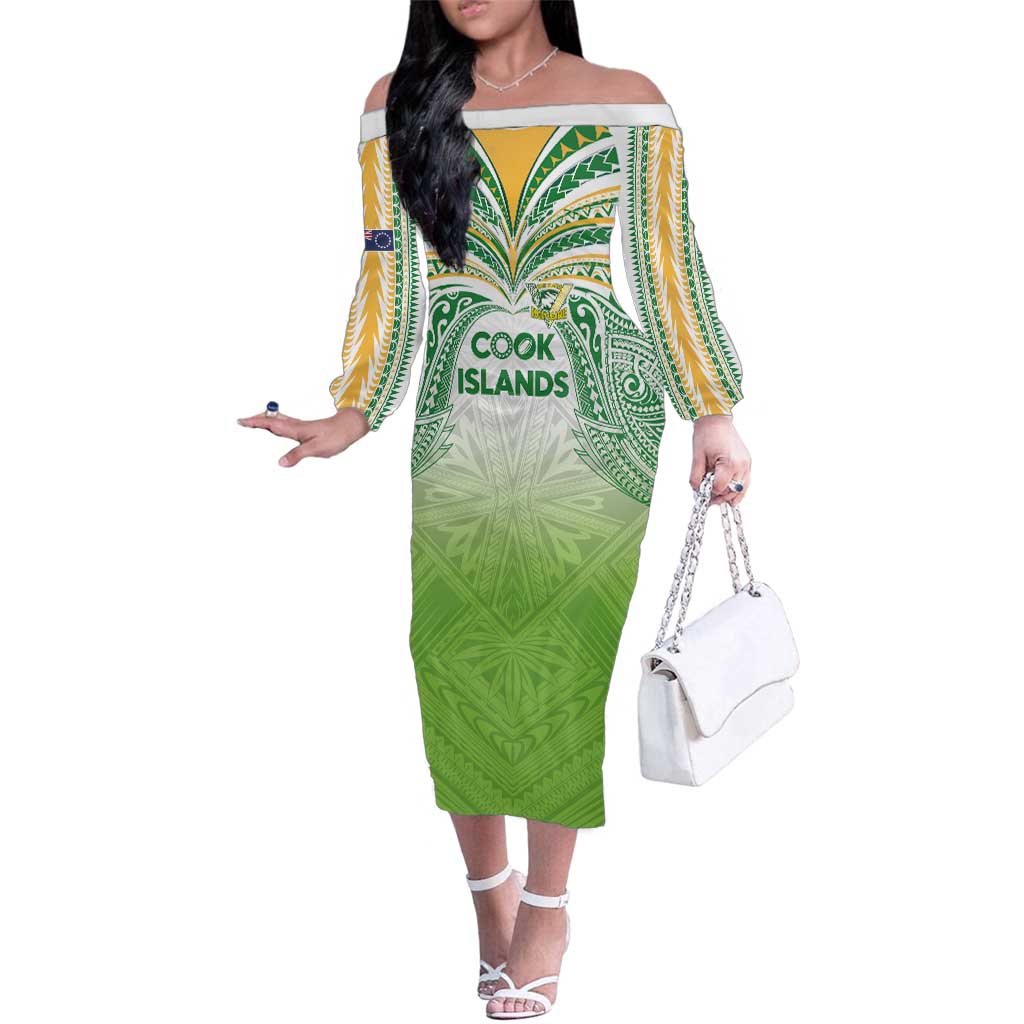 Custom Cook Islands Rugby League Family Matching Off The Shoulder Long Sleeve Dress and Hawaiian Shirt Tatau Tribal Motifs-Light Green Color LT03 Mom's Dress Green - Polynesian Pride